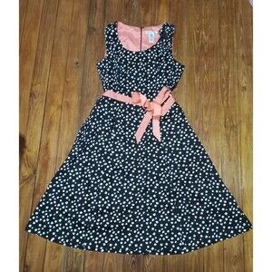 Robbie Bee Sleeveless Black/White Polka Dot with Peach Ribbon Tie Dress Size 12